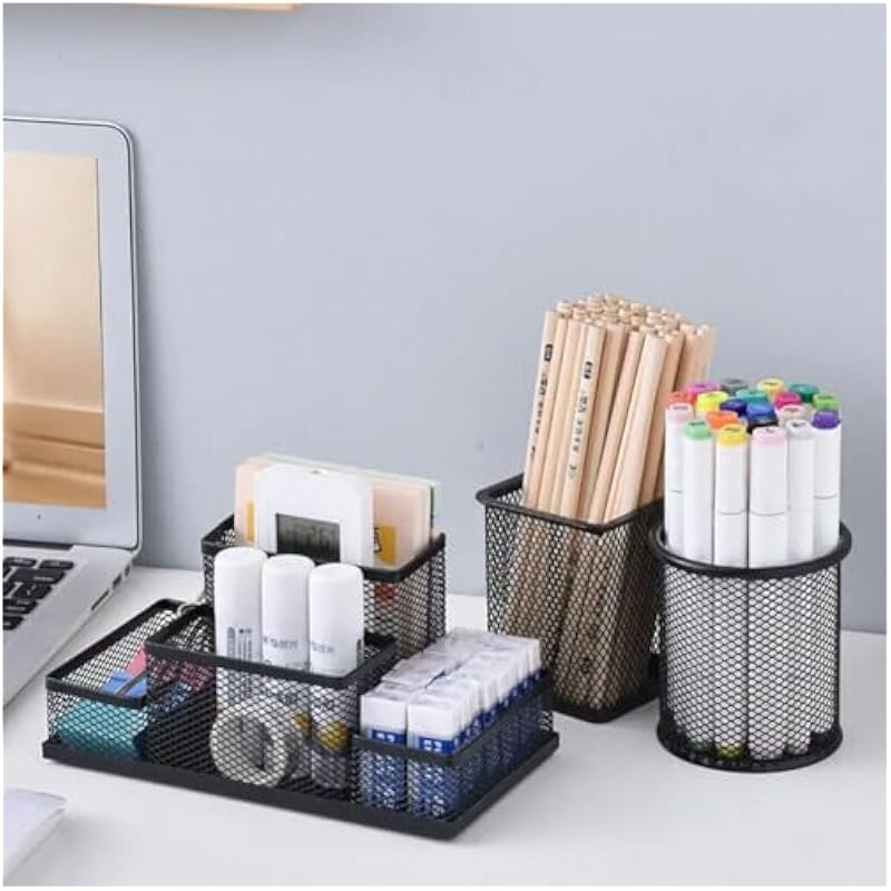 UCRAVO 1pcs Mesh Pen Pencil Holder with Post It Note Holders Desk Organizer, 4 Compartment Wire Desktop Pen Pencil Cup O