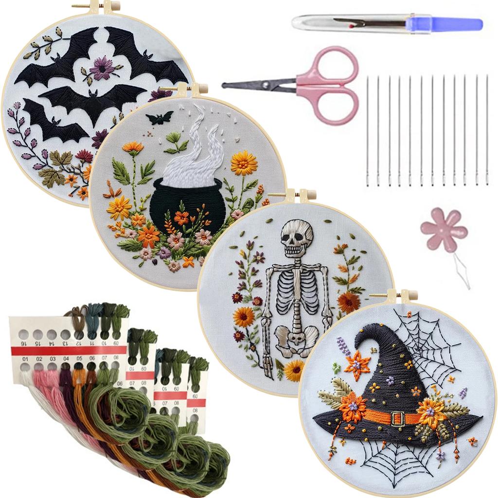 4pcs Stamped Cross Stitch Kits with Embroidery Hoop Needles Threads Instruction Cross Stitch Starter Kit with Halloween Patterns