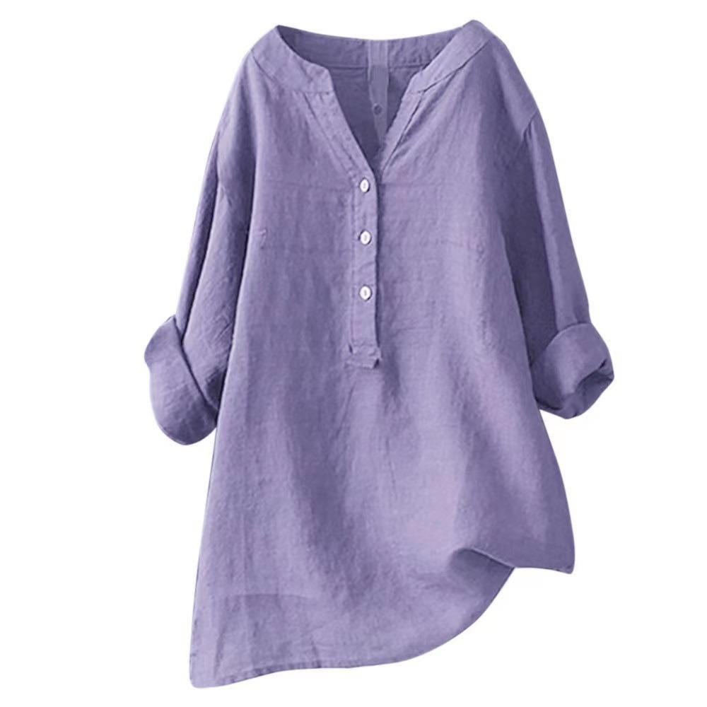 Women's V Neck Long Sleeve Linen Shirt Loose Fit Casual Commuter Blouse for All Occasions