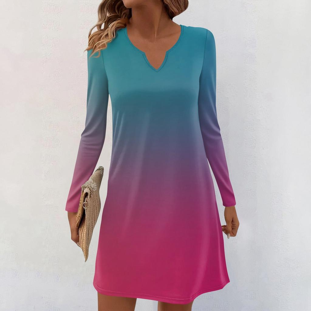 Women's Long-sleeved Casual Midi Dresses V-Neck Print  Casual Dress