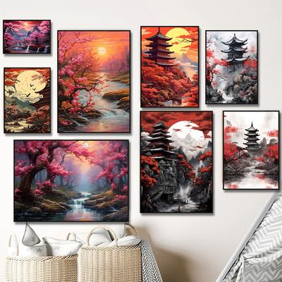 Japanese Landscapes Sakura Cherry Blossom Waterfall Poster Print Canvas Painting for Living Room Home Decor Cuadros