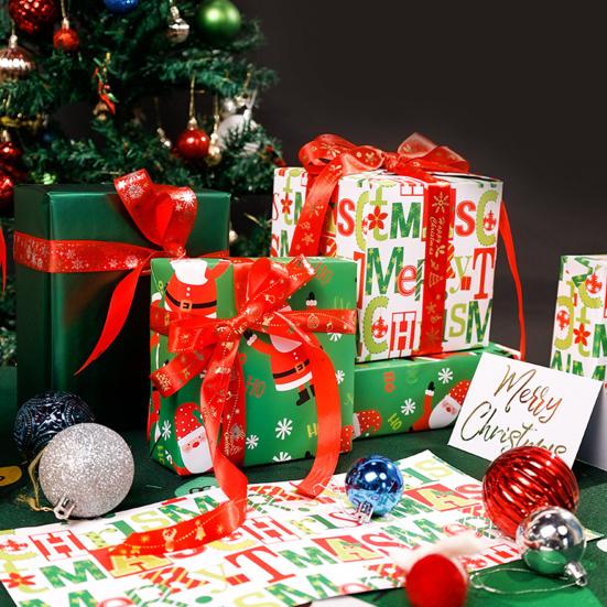 Christmas Wrapping Paper Roll 17 Inch Merry Christmas Santa Claus Gift Wrapping Paper Reversible Winter Holiday Gift Wrap