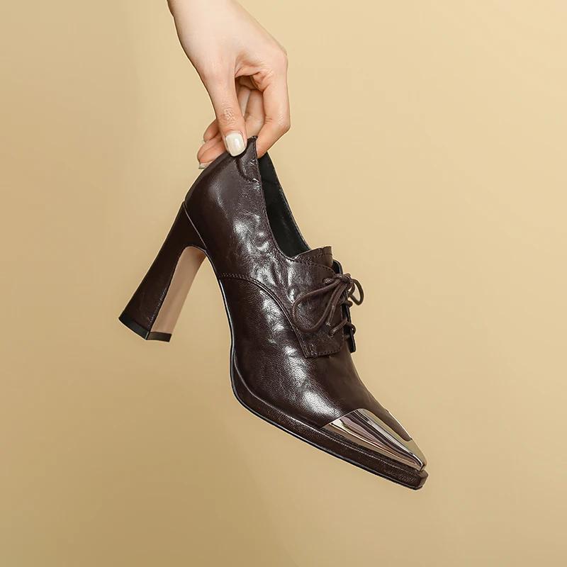 Shoes Women Lace Up Genuine Leather High Heel Pumps Female Low Top Metal Pointed Toe Wedding Party Ankle Boots Casual Shoes