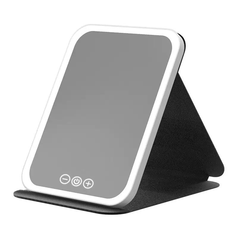 Folding LED Makeup Mirror with PU Leather Case - Portable for Dorm Use.