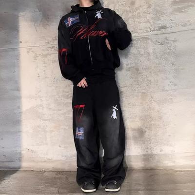 High Street Hip Hop Letter Graphic Print Zipper Cardigan Hoodies Men Y2K Popular White Trousers Sports 2-Piece Sets