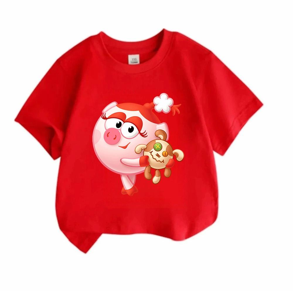Kids Boys Girls Crew Neck Short Sleeve 100% Cotton T-Shirt Cute Cartoon Pink Pig Character Print Casual Soft Breathable Tees for Toddlers