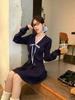 Korean Preppy Ruffle Knit Cardigan & Pleated Midi Skirt Set for Women (Autumn/Winter)