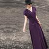 Lanseer Elegant V-Neck Pleated Purple Midi Dress