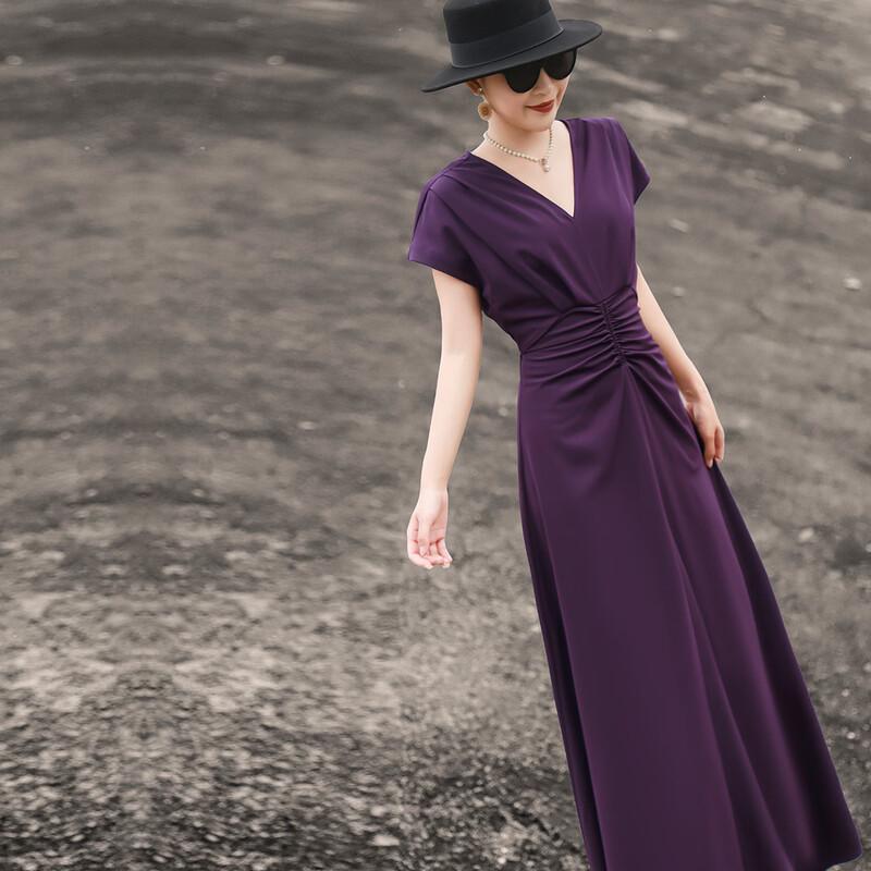 Lanseer Elegant V-Neck Pleated Purple Midi Dress