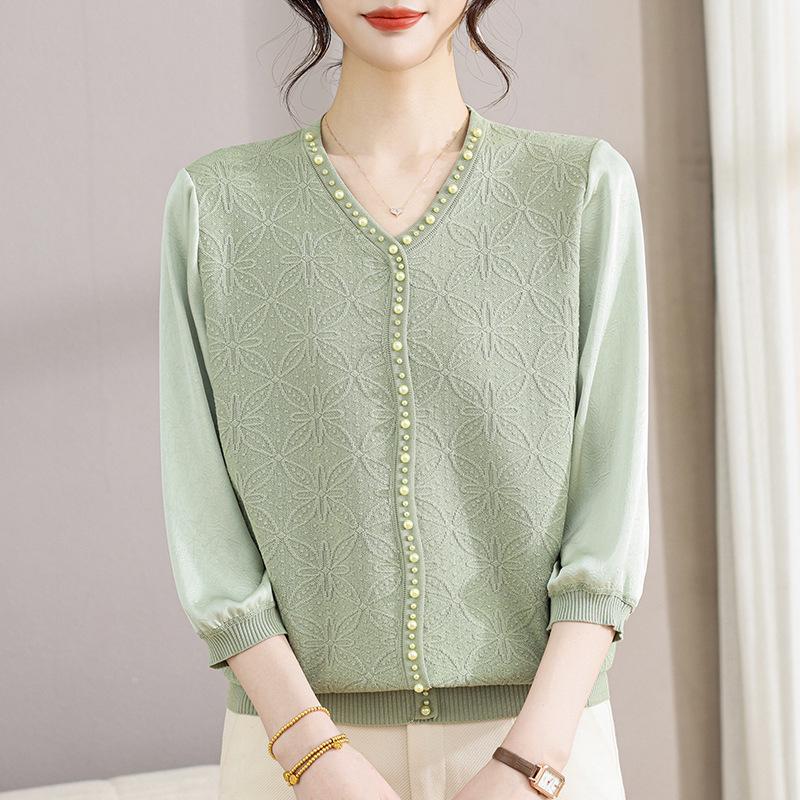 

Chic Spring Gauze Sleeve Top for Stylish Middle-Aged & Elderly Women - Summer 3/4 Sleeve T-Shirt XL (95-110 lbs)
