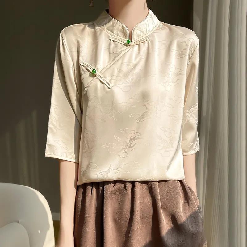 New Chinese-style Chinese-style Buttoned Five-point Shirt Popular Summer Stand-up Collar Satin Jacquard Acetate Temperament Top