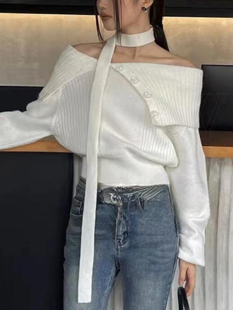 Off Shoulder Sexy Knitted Sweater Women French Lapels Elegant Warm Sweater Tops Autumn Winter Fashion Loose Patchwork Pullover New