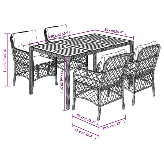 VidaXL Ensemble à Manger de Jardin avec Coussins 5 pcs, Table et Chaises de Patio, Meubles d'Extérieur Terrasse, Moderne, 3212044