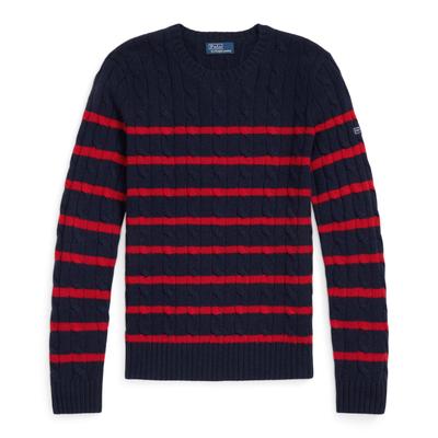 Polo FW24 Rundhals Gestreifter Zopfmuster Pullover Damenpullover Blau Rot WMPOSWENC021097-410