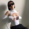 High Fashion Women’s Long-sleeved Bodysuit Solid Color Hollow Off-shoulder Half High Collar Jumpsuit