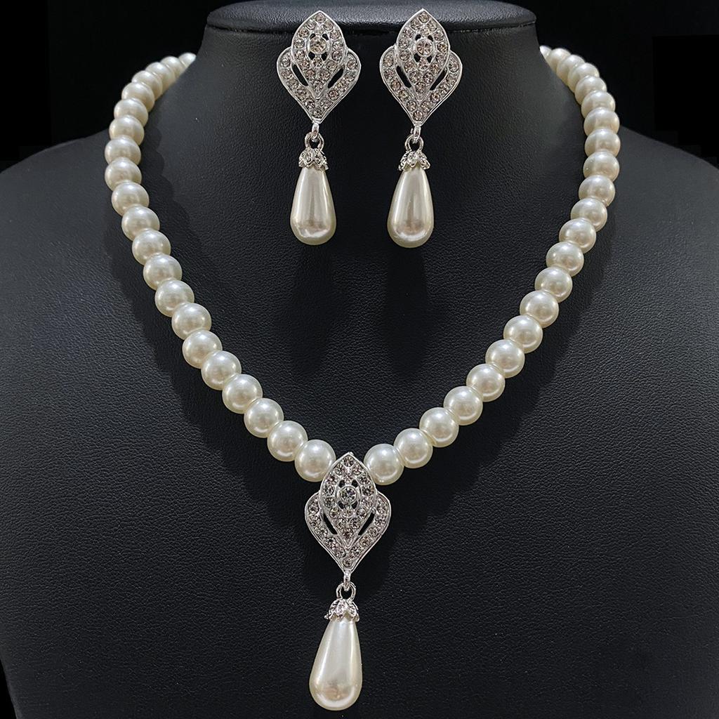 Fashion New Niche Pearl Necklace Earrings Simple Jewelry Set Diamond Hollow Pendant Pearl Bride