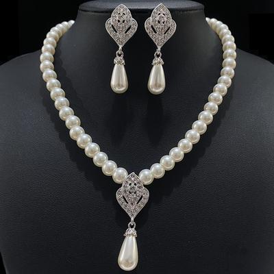 Moda Nuova Nicchia Collana di Perle Orecchini Semplice Set di Gioielli Diamante Ciondolo Vuoto Perla Sposa