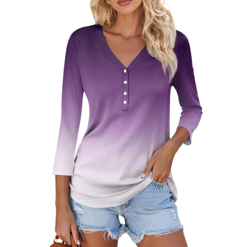 Women's Casual Fashion Sexy Comfortable V-neck Button Gradient Color Three-quarter Sleeve Top