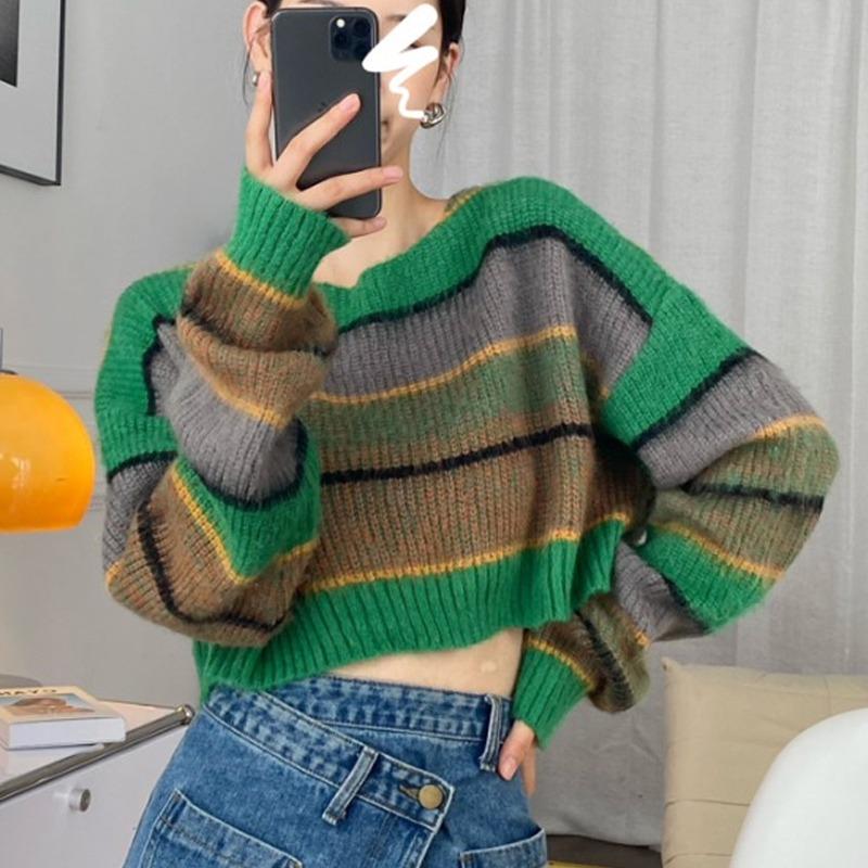 Autumn Short Knitted Sweater Tops Women Loose Clothes Winter Long Sleeve Pullover Sweaters Women Fashion Striped Knitwears 28946