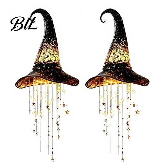 Decorazione Cappello da Strega Illuminato 2 Pezzi Campanella Appesa in Rete Nera Luminosa, Lampada Scintillante Decorazioni per Eventi Festivi con Stelle a Cascata per Finestra