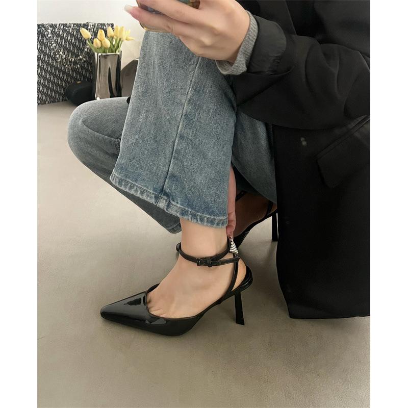 

Temperament rhinestone pointed black high heels niche design sense one-word buckle bag head sandals women 40 чёрный