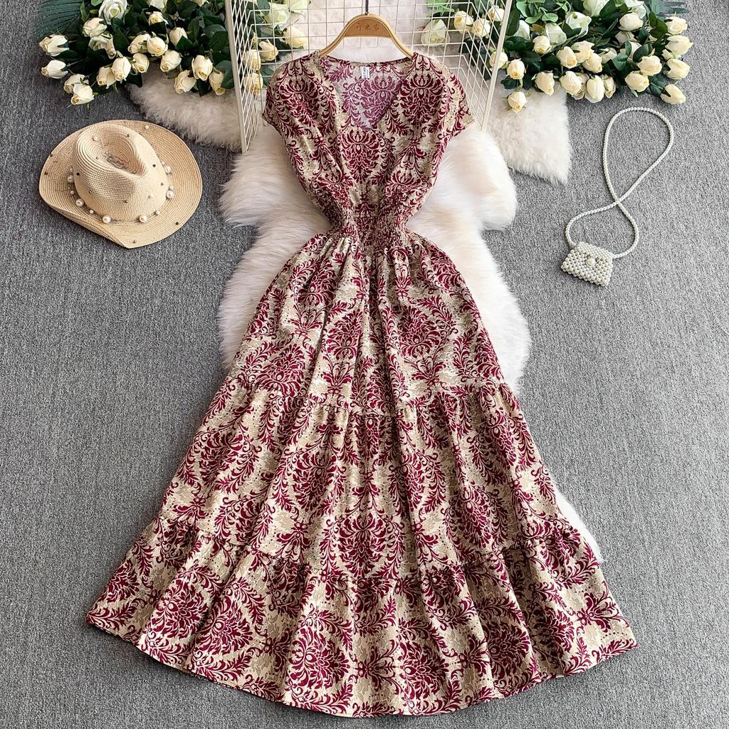 French light and mature style temperament printed V-neck dress women's new elastic pleated waist thin ruffle edge dress