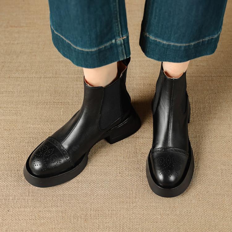 Fashion New Autumn/winter Genuine Leather Women Boot Round Toe Shoes for Women Fashion Brogue Designs Chelsea Boots Mid Heel Short Boots
