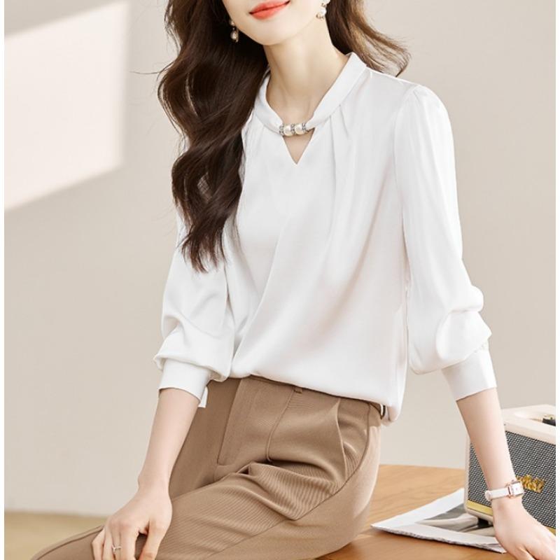 Women French Style Halter Stand Collar Beaded Satin Casual Commute Pullover Blouse Top S