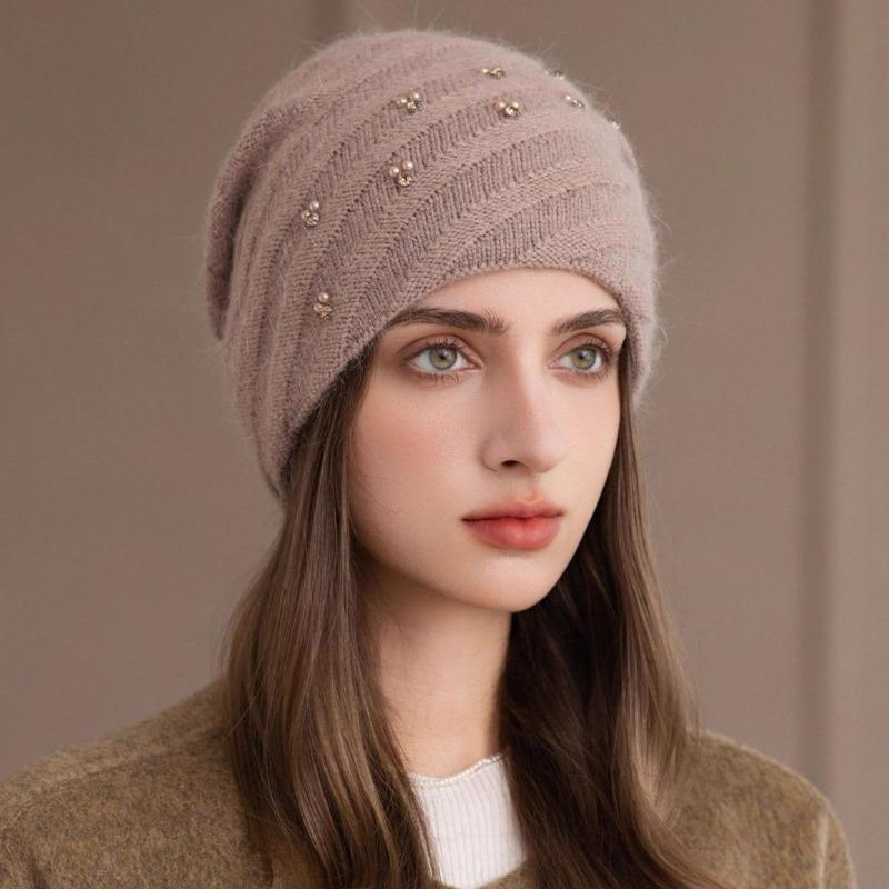 Women S Double Layer Knit Hat Warm Winter Beanie Pearl Glitter Rabbit Hair Blend