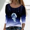 3D Rose Print Gradient Color Women Blouse Long Sleeve Broken Line Rhinestone Autumn Blouse Streetwear