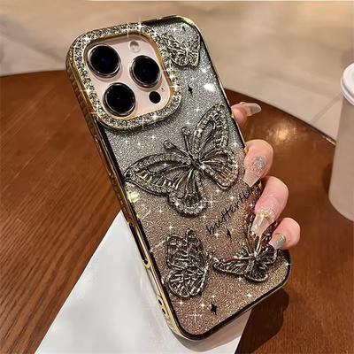 Women Girl's Diamond Butterfly Phone Case for iPhone 16 11 12 13 14 15 Pro Max 16 Plus Transparent Plating Soft Silicone Cover