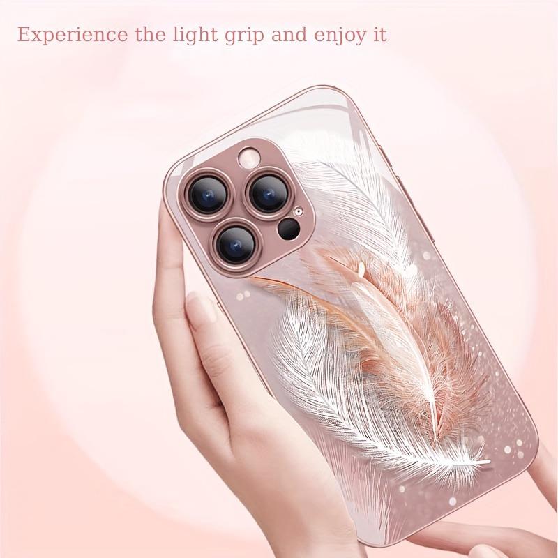 Stylish Dreamy Feather Pattern Pink Metallic Glass Phone Case For iPhone 11 12 13 14 15 16 17 Pro Max 15 Plus 17 Air 16E Cover