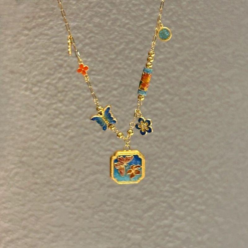Pure Copper Gold-plated Enamel Butterfly Necklace Light Luxury Niche Exquisite Antique Style Sweater Chain Women's Birthday Gift