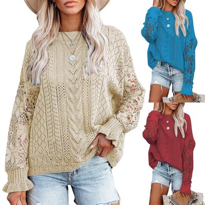 Womens Lace Crochet Hollow Out Sweaters Solid Color Crewneck Long Sleeve Cable Knit Pullover Sweaters Tops