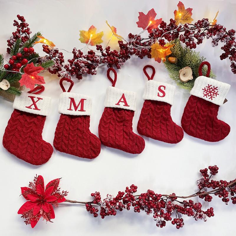 Christmas Socks Red Snowflake Alphabet Letters Knitting Stocking Christmas Tree Pendant Decoration For Home Xmas New Year Gift