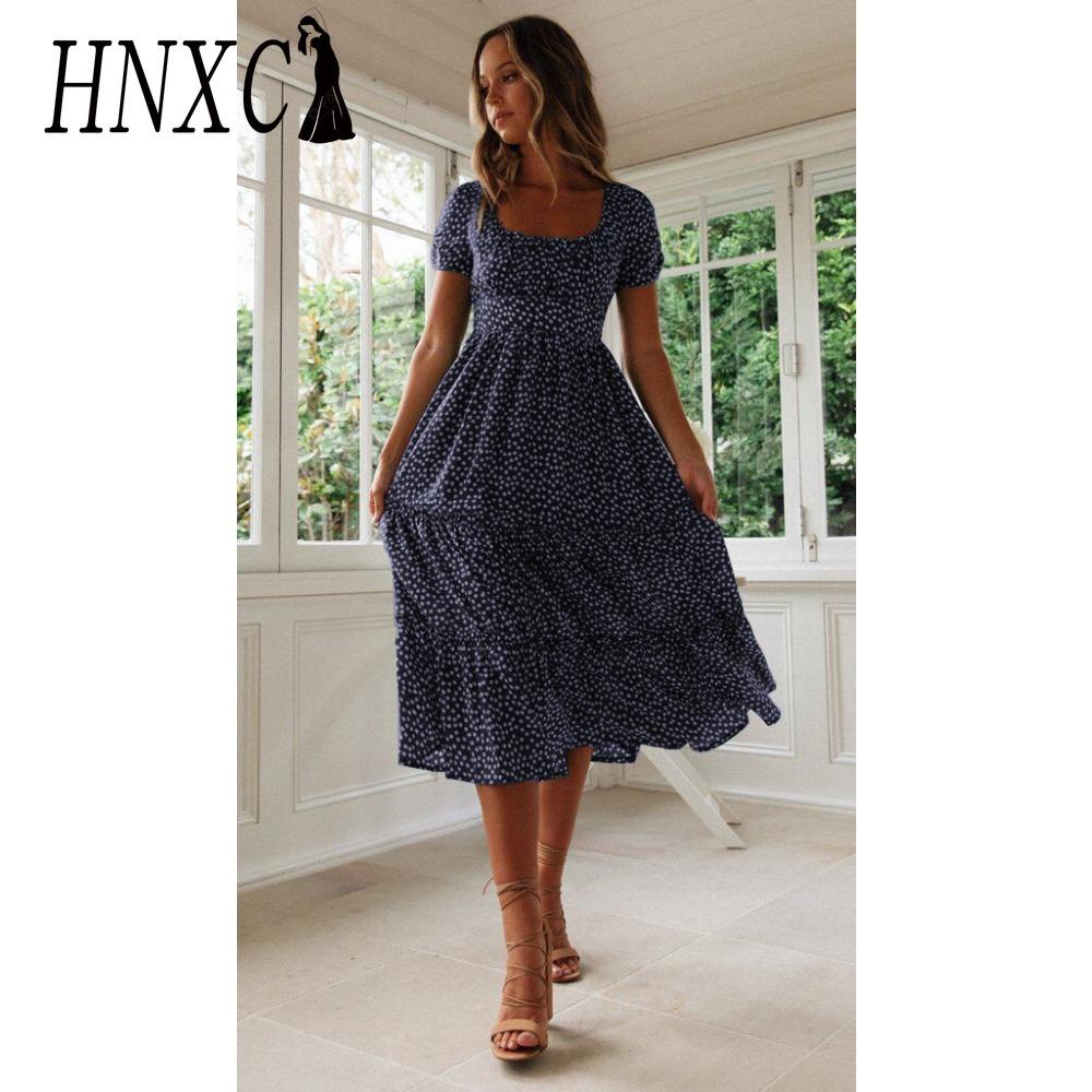 HNXC Summer Love Polka Dot Dress Women Casual A-Line Short Sleeve Square Collar Ruffle Midi Dress Chiffon Red Black Blue Green