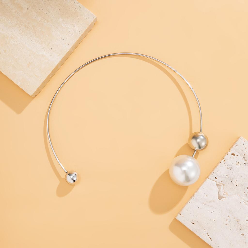 Jewelry Personality Asymmetrical Geometric Imitation Pearl Round Bead Collar Niche Design Sense Open Collar Women