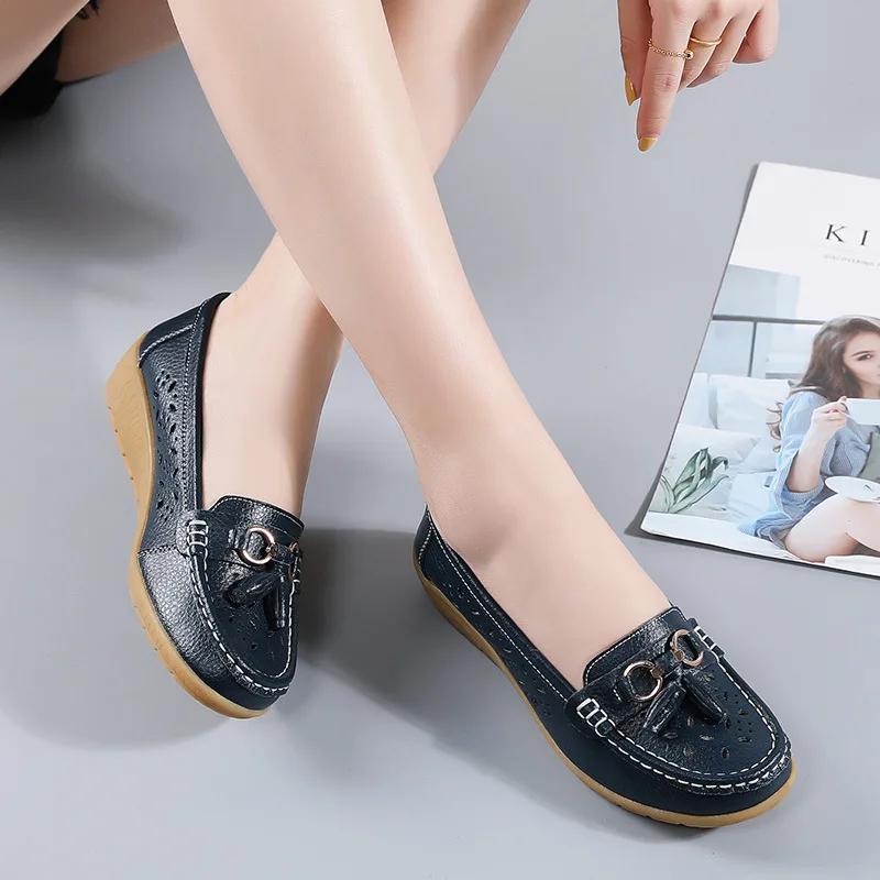 Summer Leather Women's Shoes Moccasins Platform Soft Boat Fashion Cutout Flats Casual Low Heel Nurse Lolita Shoes