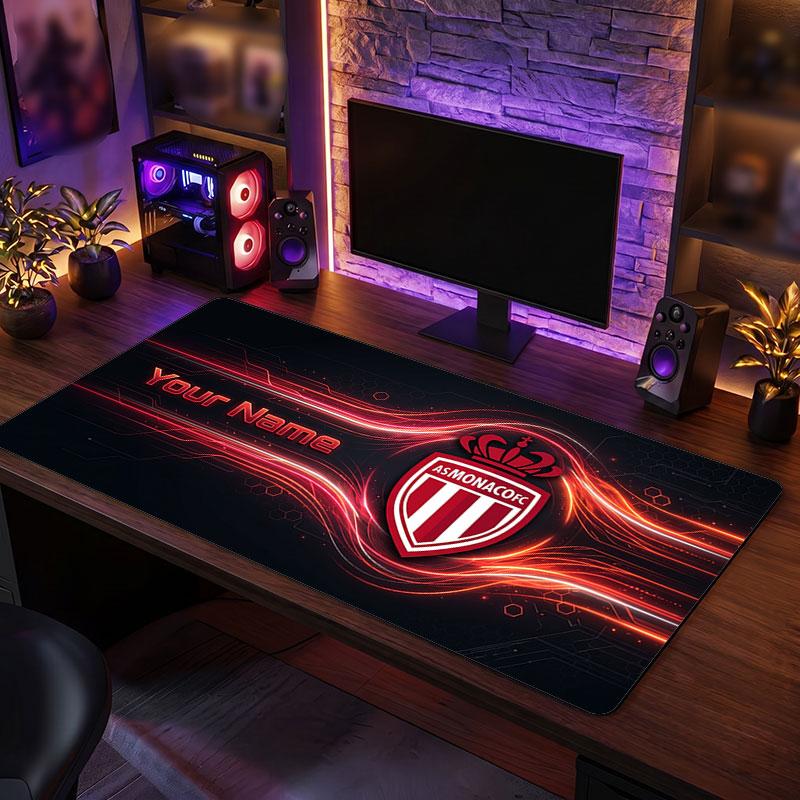 Monaco FC Custom Large Mouse Pad, Personalized Name Text Print, Football Logo Non‑Slip Desk Mat Gaming Gift