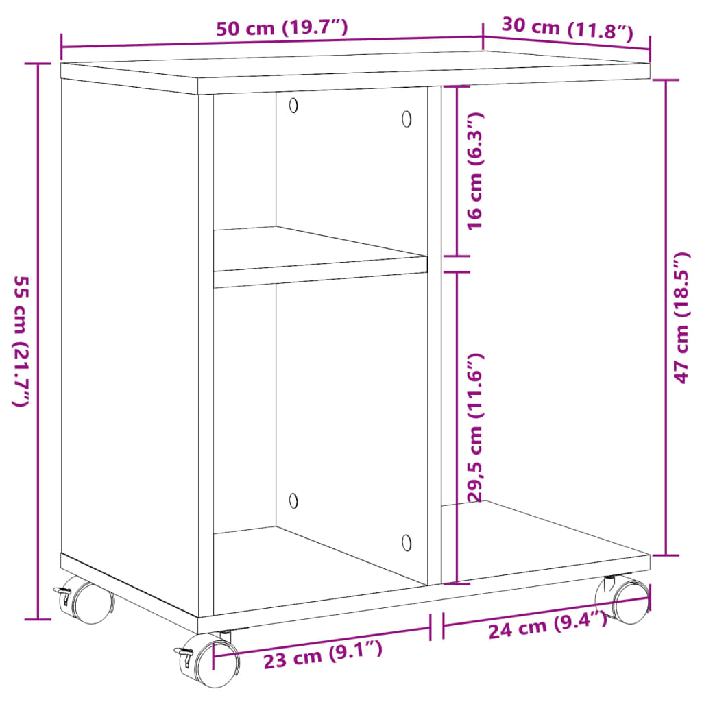 Side Table with Casters White 50 x 30 x 55 cm Particleboard