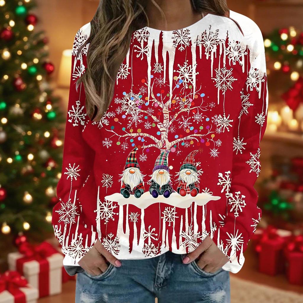 Women's Casual Long Sleeve Christmas Print Neck Top