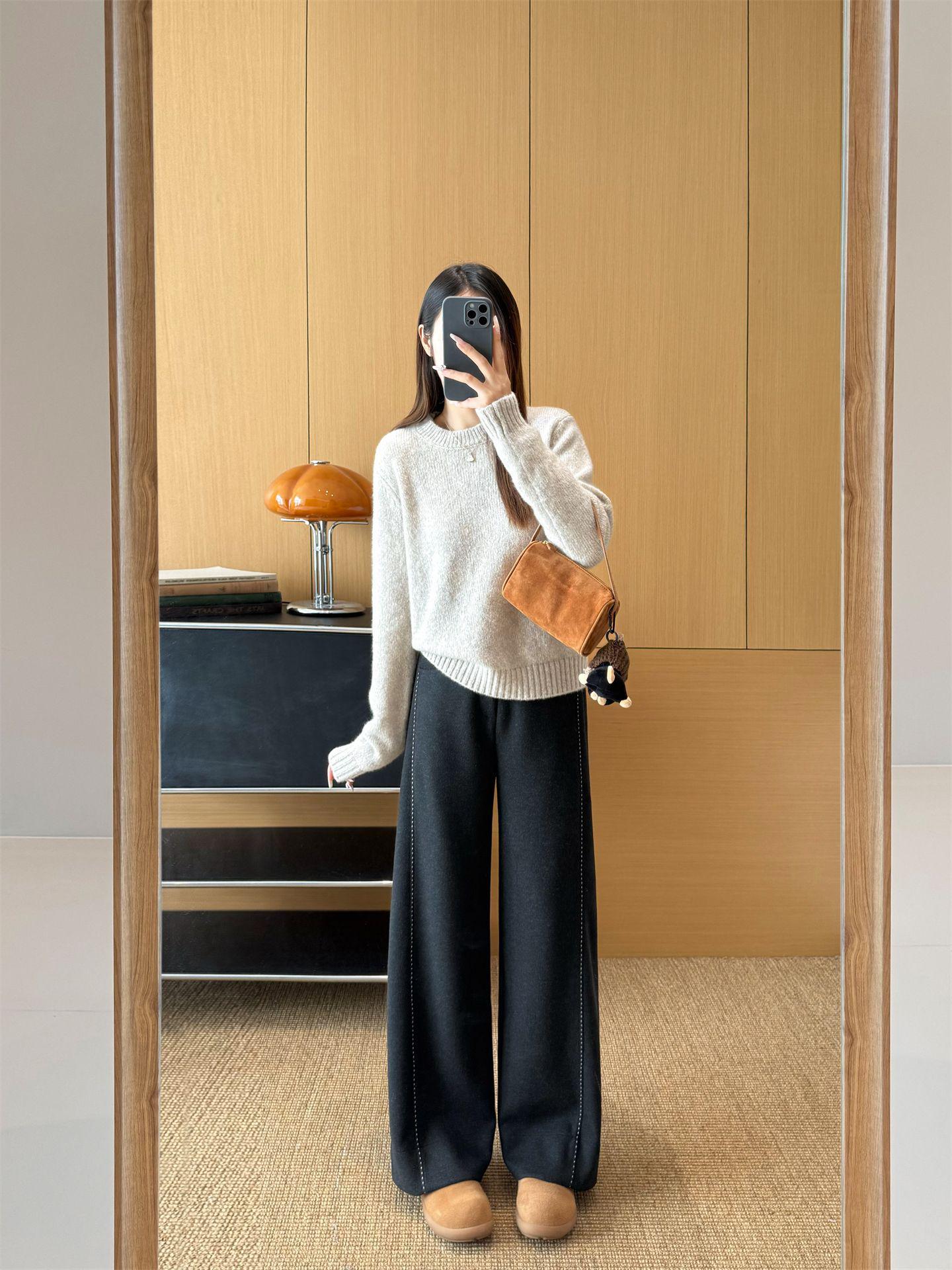 Premium Leg-Slimming Pinstripe Woolen Suit Pants: Women s Wide-Leg, Narrow-Straight, Silky Winter Trousers Large