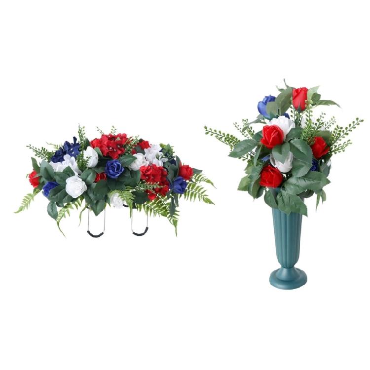 Memorial Grave Flower Saddles for Tombstone Artificial Cemetery Flower Bouquets with Vase for Graveyard Decoration