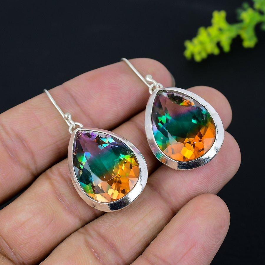 Bi-Color Tourmaline Gemstone 925 Sterling Silver Gift Jewelry Earring 1.77"