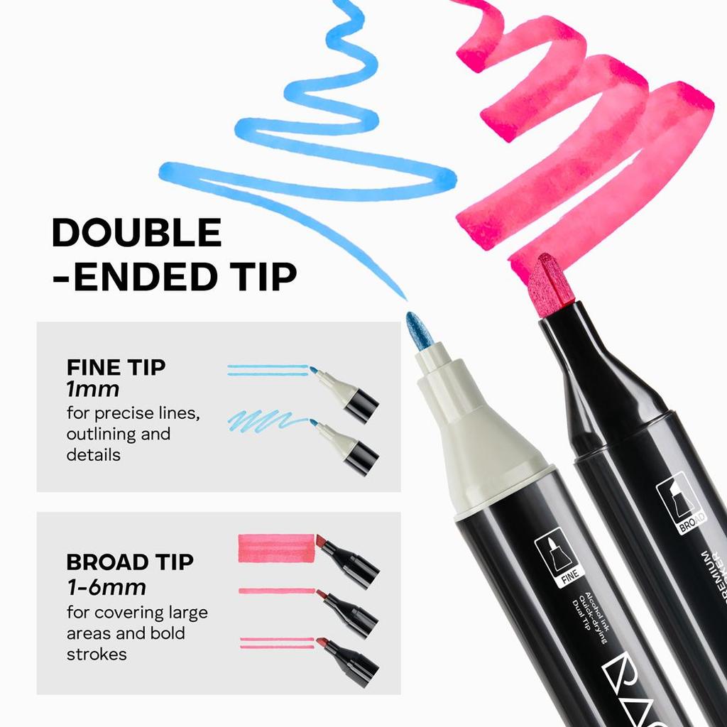 RAGI Pennarelli ad Alcool 80 Pennarelli fronte/retro, Doppia Punta, Set da Disegno Artistico Professionale