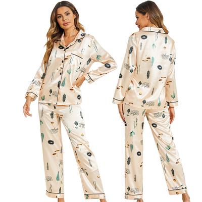 Autumn Home Wear Long Sleeved Pants Pajama Set Satin Printed Nightwear Loose Casual Sleepwear Women's Sexy Lapel Loungewear