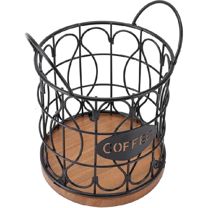 Coffee Pod Basket, Decorative Round Wire Capsule Holder with Wooden Base, Proof Metal Construction, Weighted Base, For Cafe Kitchen (Black)