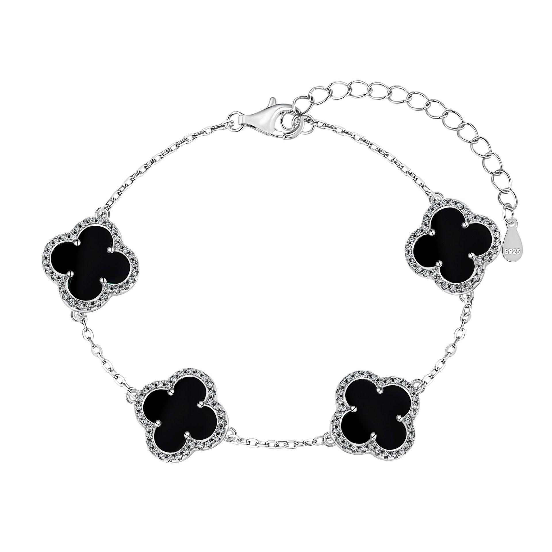 

Four-leaf Clover Bracelet Black Agate Bracelet Female Adjustable Natural Mother-of-pearl Exquisite Bracelet Whole body 925 silver plated real gold