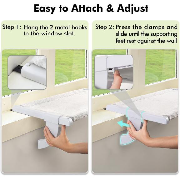 Window Sill Mount Cat Perch for Indoor Cats, One-Step Sliding Clamping Slot Adjustment Cat Hammock with Washable Cover, No Suction Cups Pet Bed for