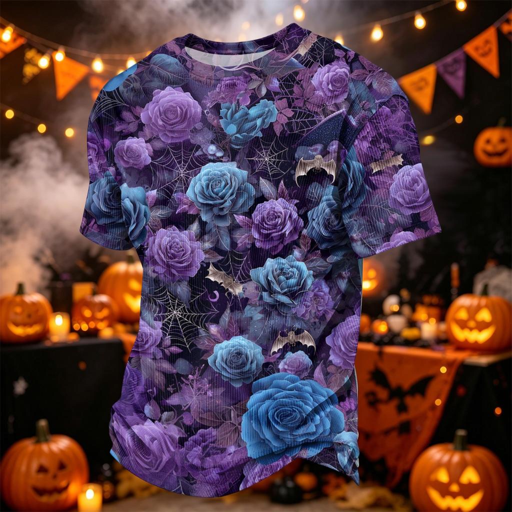 Herren Casual Corduroy Kurzarm Rundhals Leicht Atmungsaktiv Oberteil Halloween-Thema Aufdruck Bequeme Passform